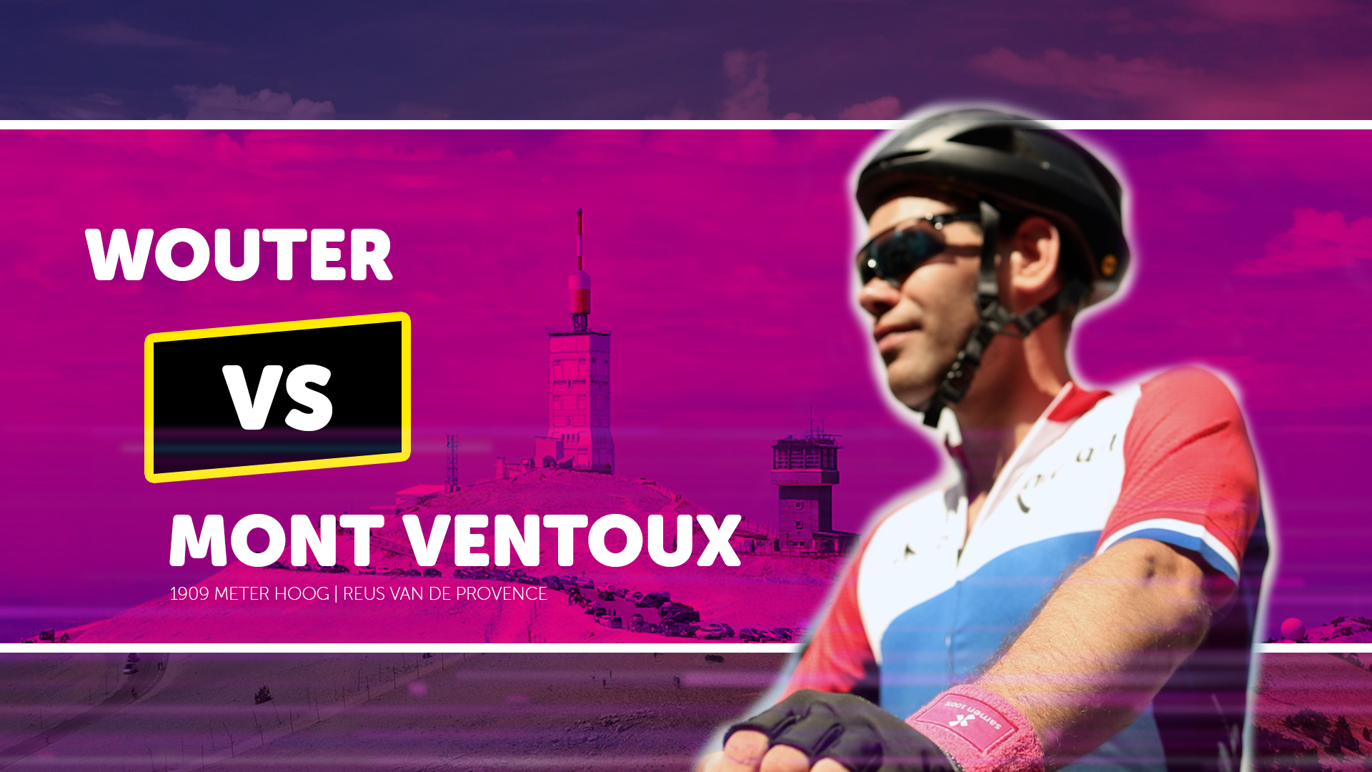 Wouter in wielrenkleding en een helm staat klaar om de Mont Ventoux te beklimmen.